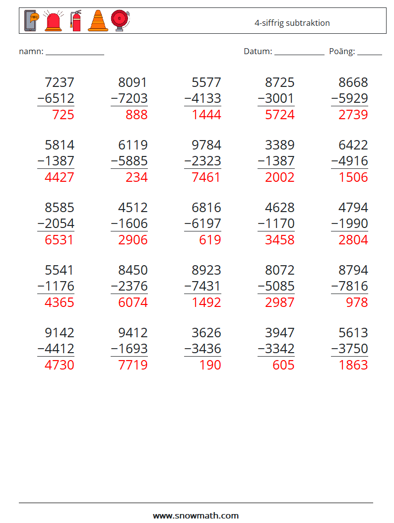 (25) 4-siffrig subtraktion Matematiska arbetsblad 4 Fråga, svar