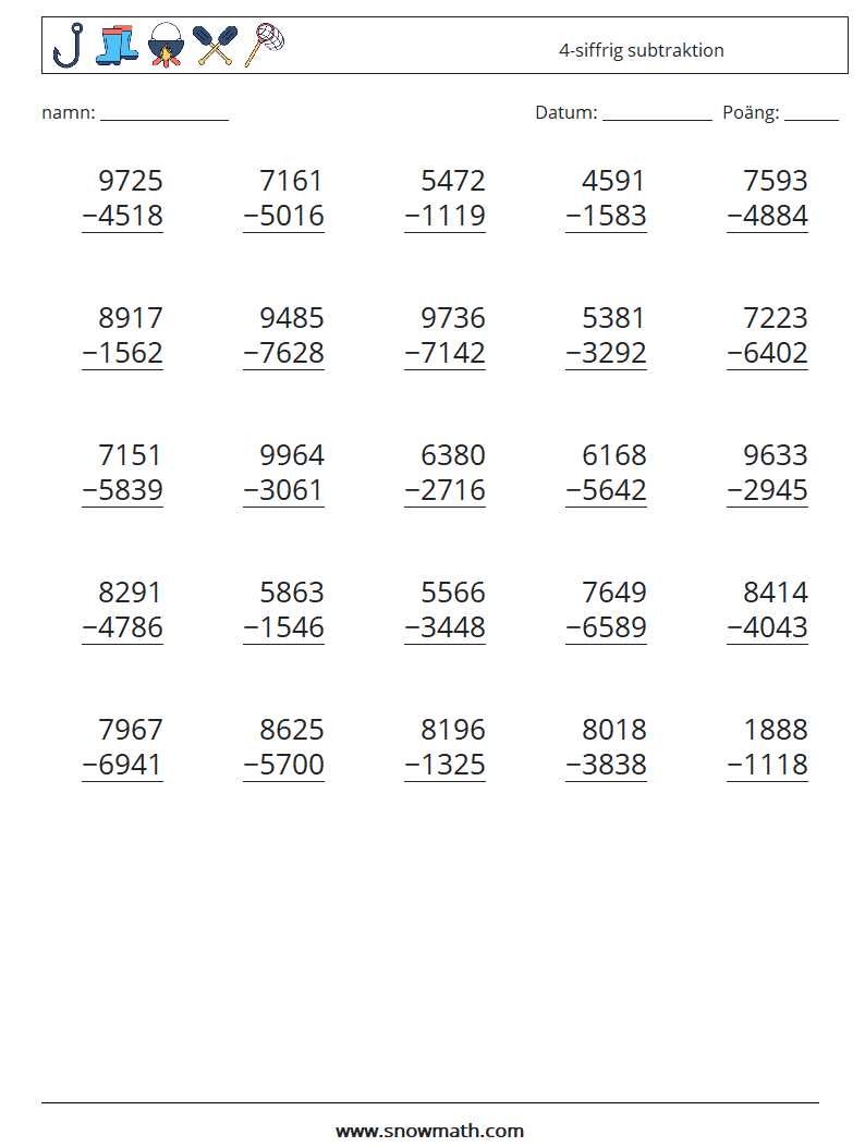 (25) 4-siffrig subtraktion Matematiska arbetsblad 5