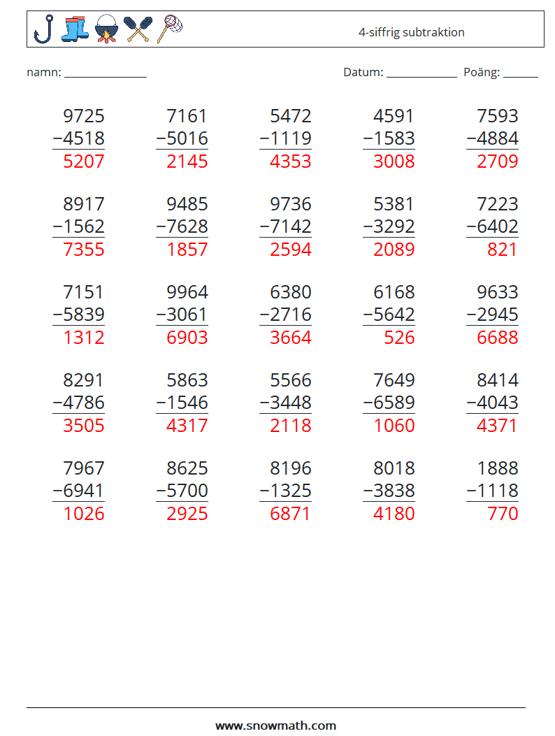 (25) 4-siffrig subtraktion Matematiska arbetsblad 5 Fråga, svar