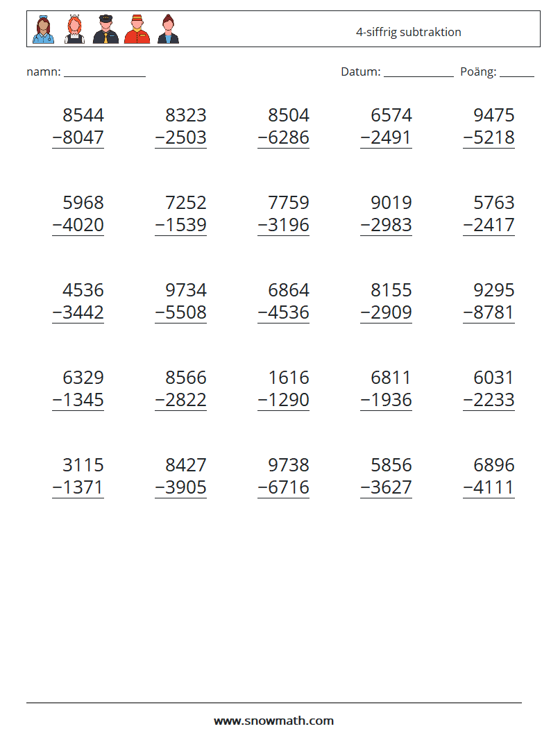 (25) 4-siffrig subtraktion Matematiska arbetsblad 6