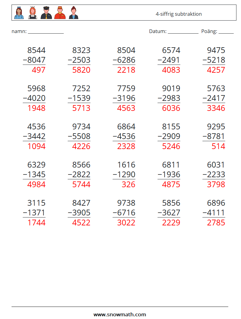 (25) 4-siffrig subtraktion Matematiska arbetsblad 6 Fråga, svar