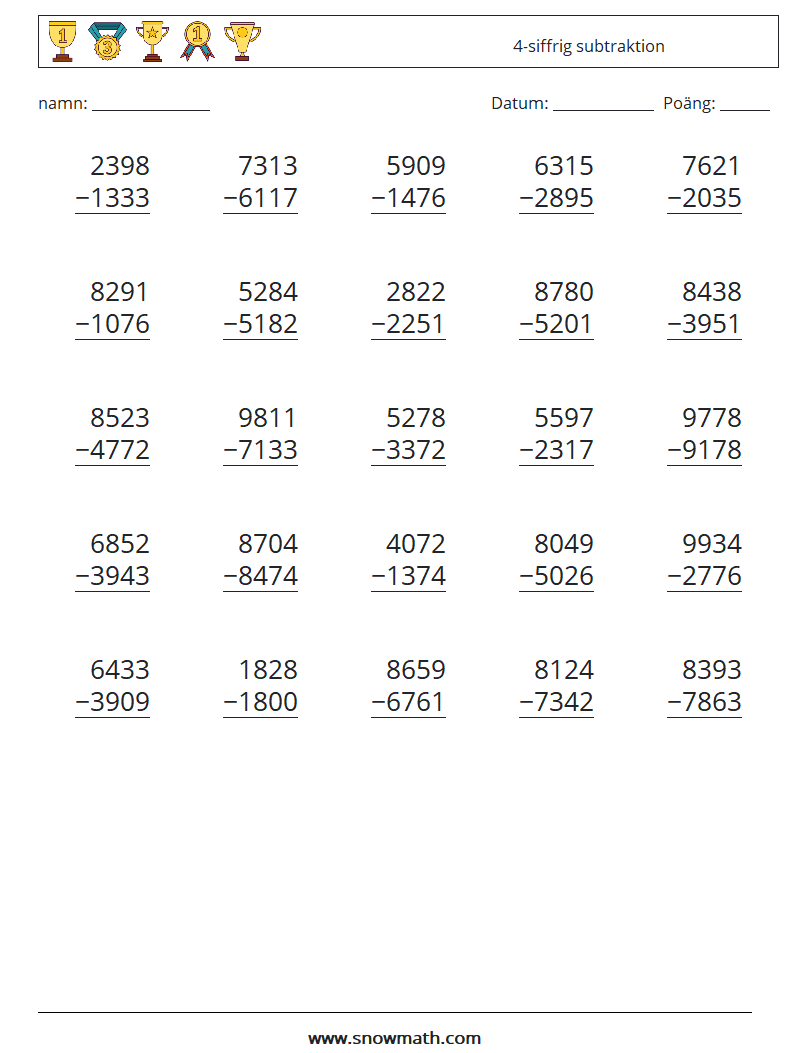 (25) 4-siffrig subtraktion Matematiska arbetsblad 7