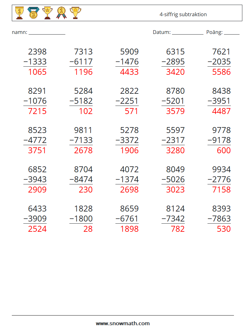 (25) 4-siffrig subtraktion Matematiska arbetsblad 7 Fråga, svar