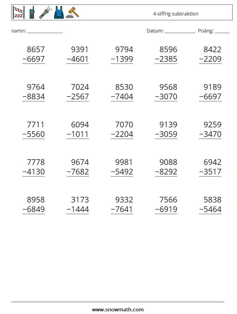 (25) 4-siffrig subtraktion Matematiska arbetsblad 8