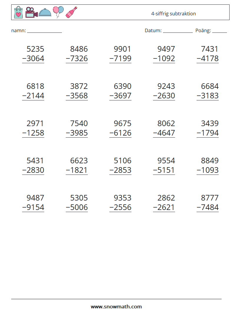 (25) 4-siffrig subtraktion Matematiska arbetsblad 9