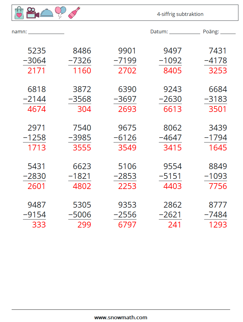 (25) 4-siffrig subtraktion Matematiska arbetsblad 9 Fråga, svar