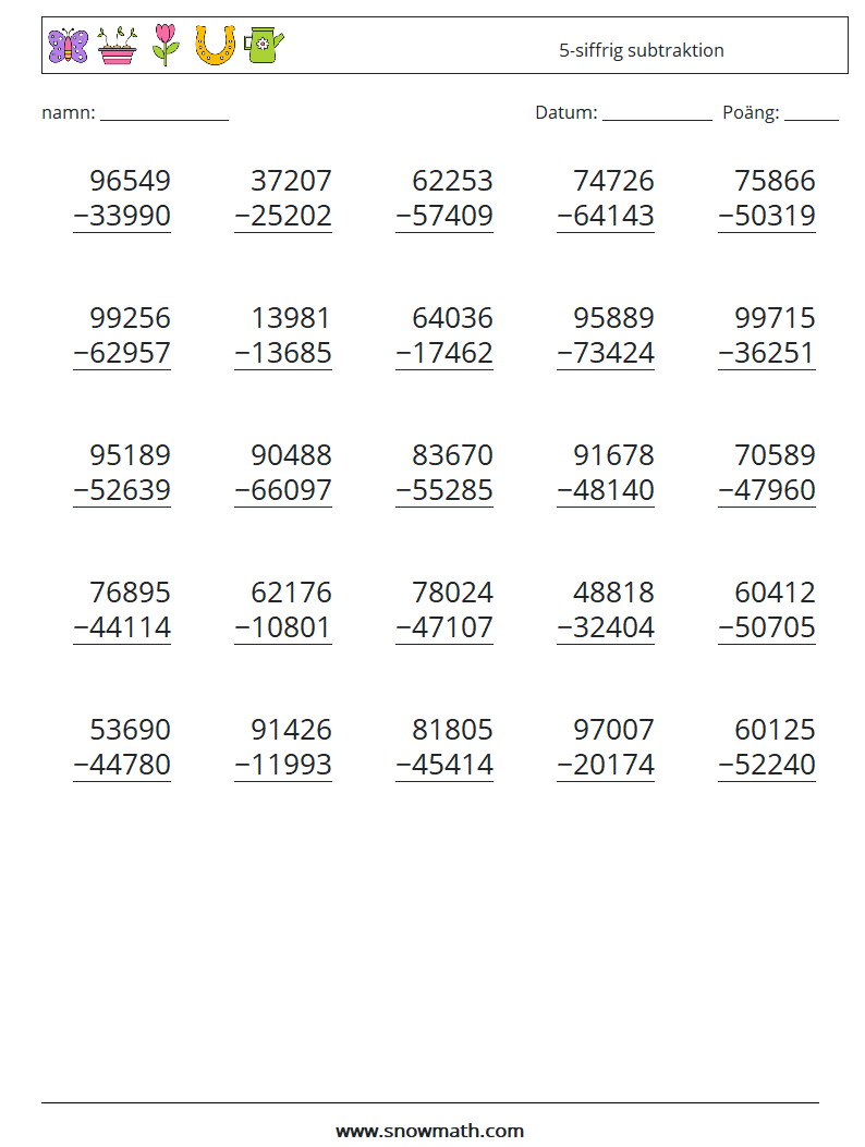 (25) 5-siffrig subtraktion Matematiska arbetsblad 1