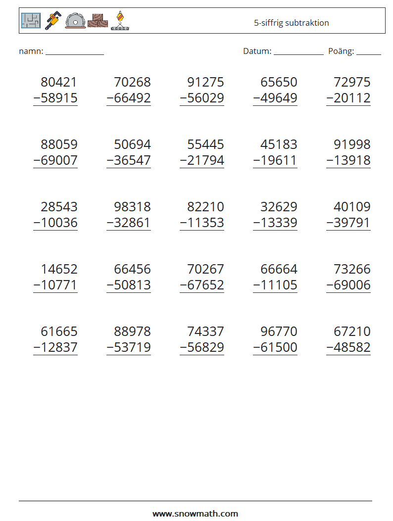 (25) 5-siffrig subtraktion Matematiska arbetsblad 10