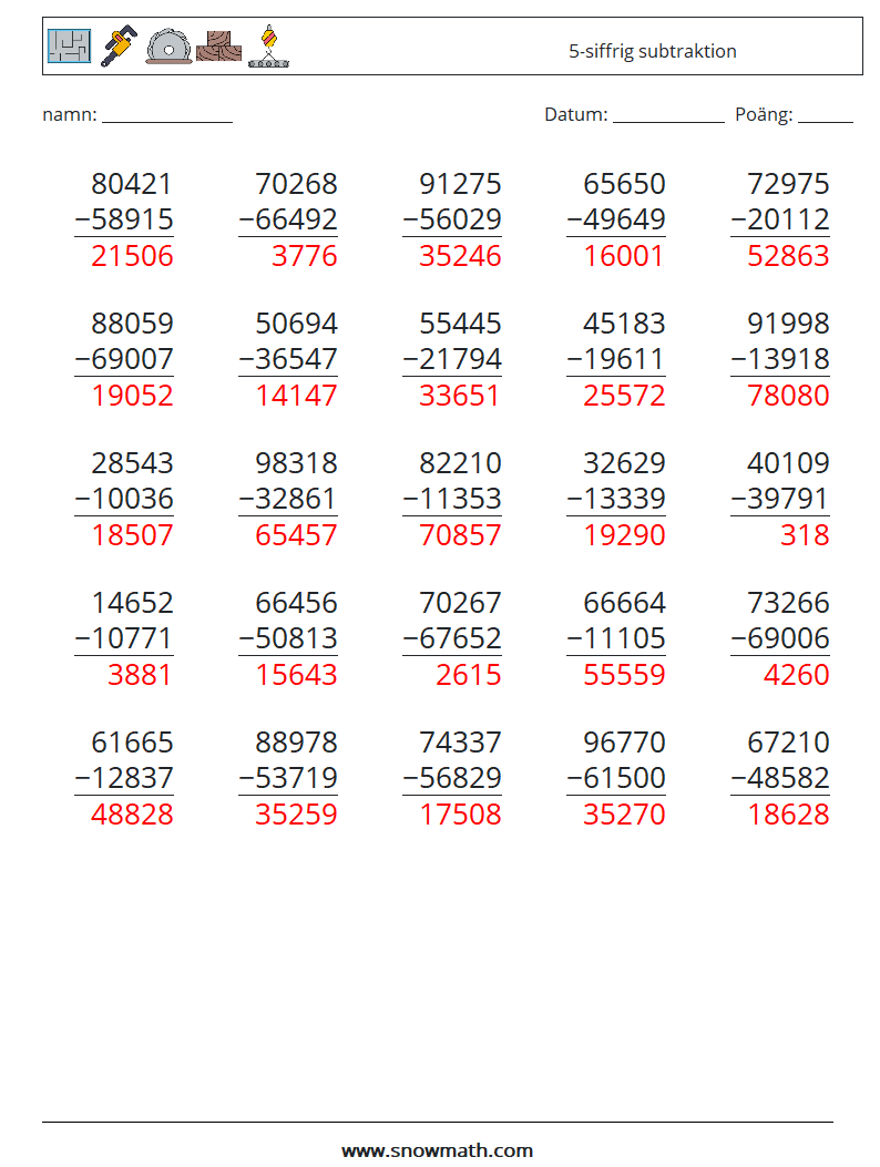 (25) 5-siffrig subtraktion Matematiska arbetsblad 10 Fråga, svar