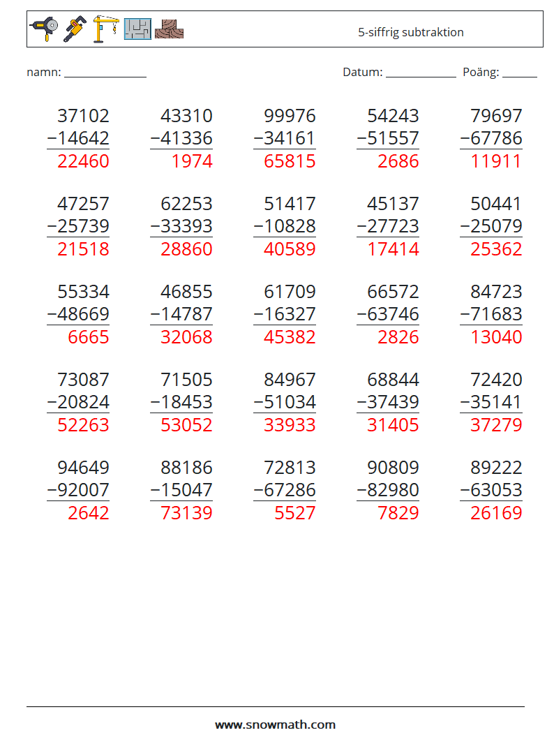 (25) 5-siffrig subtraktion Matematiska arbetsblad 11 Fråga, svar