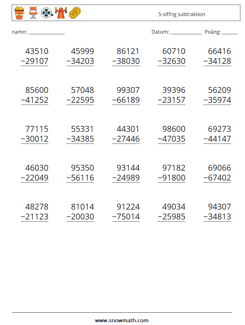 (25) 5-siffrig subtraktion Matematiska arbetsblad 12