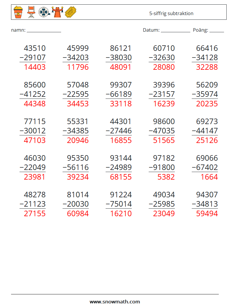 (25) 5-siffrig subtraktion Matematiska arbetsblad 12 Fråga, svar