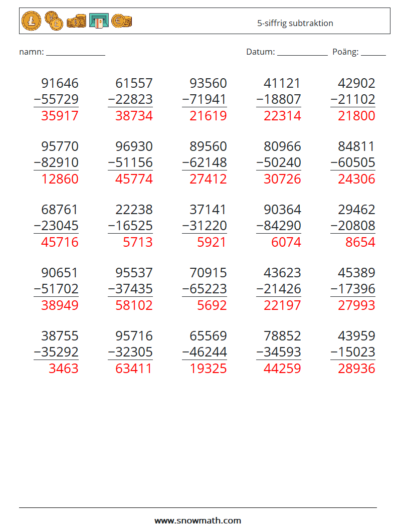 (25) 5-siffrig subtraktion Matematiska arbetsblad 14 Fråga, svar