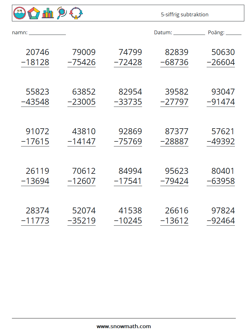 (25) 5-siffrig subtraktion Matematiska arbetsblad 15