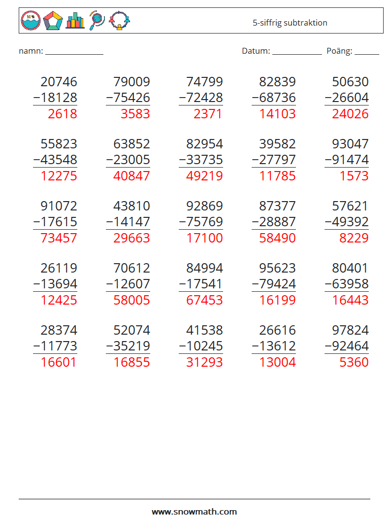 (25) 5-siffrig subtraktion Matematiska arbetsblad 15 Fråga, svar