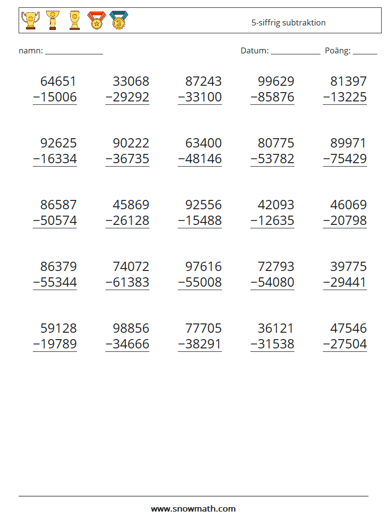 (25) 5-siffrig subtraktion Matematiska arbetsblad 16