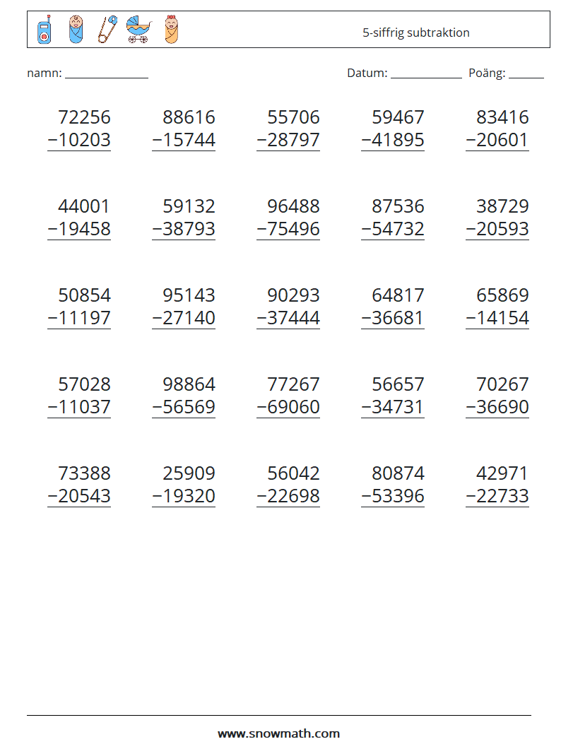 (25) 5-siffrig subtraktion Matematiska arbetsblad 17