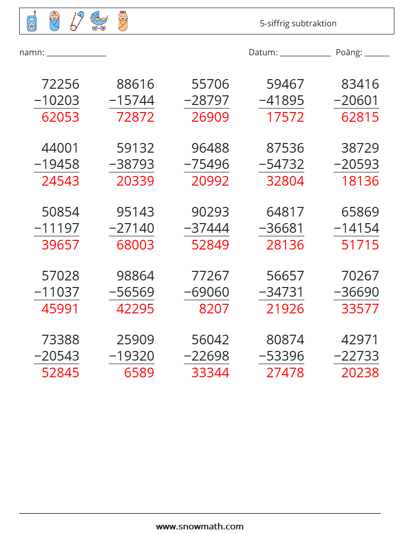 (25) 5-siffrig subtraktion Matematiska arbetsblad 17 Fråga, svar