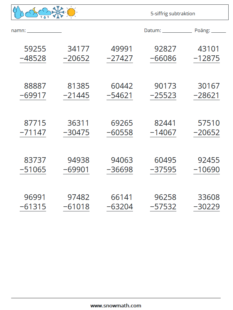 (25) 5-siffrig subtraktion Matematiska arbetsblad 18