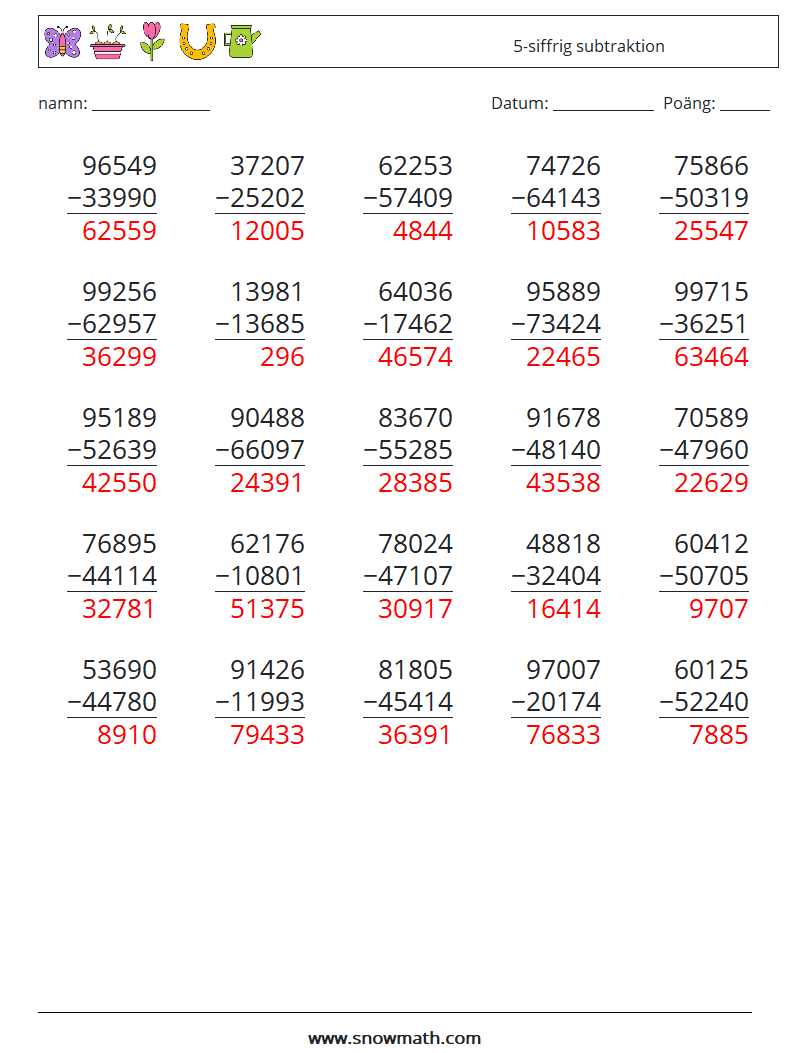 (25) 5-siffrig subtraktion Matematiska arbetsblad 1 Fråga, svar