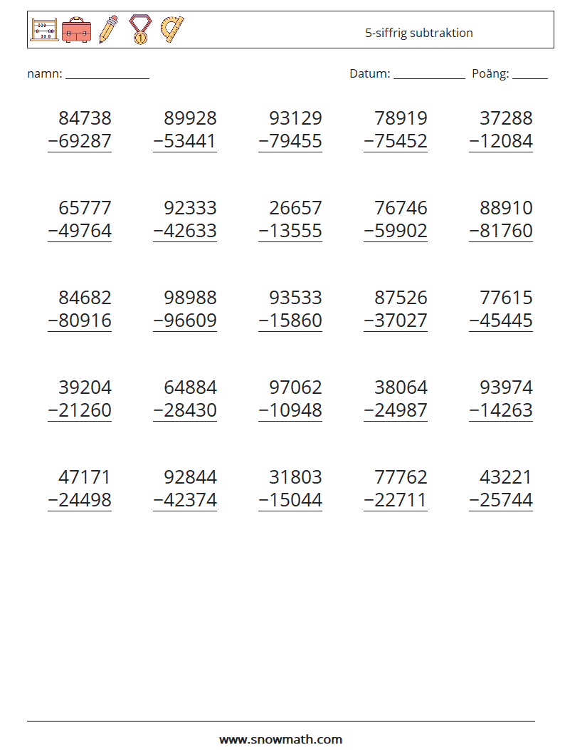 (25) 5-siffrig subtraktion Matematiska arbetsblad 2