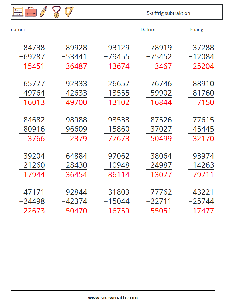 (25) 5-siffrig subtraktion Matematiska arbetsblad 2 Fråga, svar