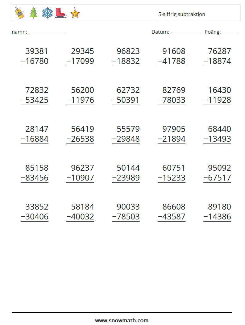 (25) 5-siffrig subtraktion Matematiska arbetsblad 3