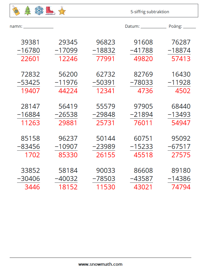 (25) 5-siffrig subtraktion Matematiska arbetsblad 3 Fråga, svar