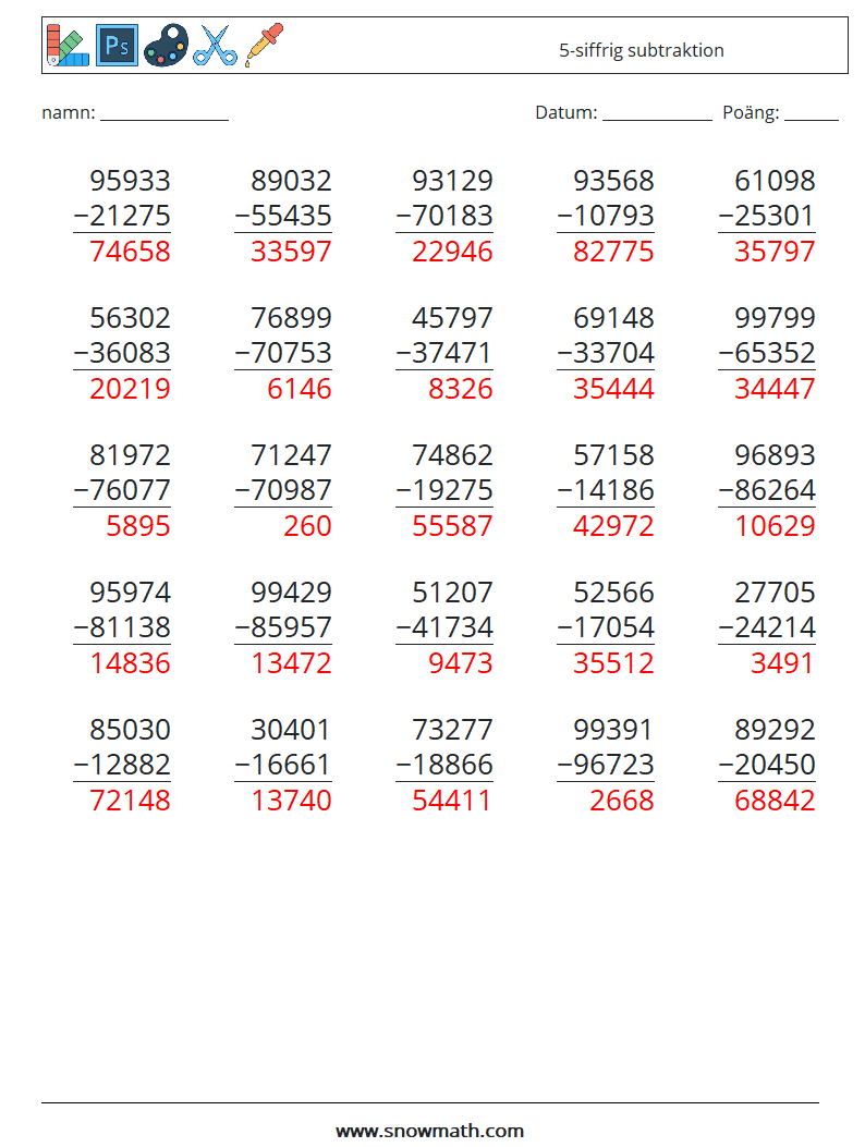 (25) 5-siffrig subtraktion Matematiska arbetsblad 4 Fråga, svar