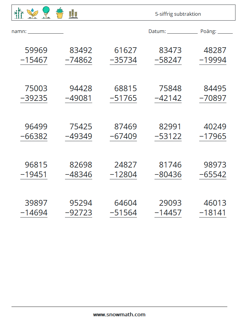 (25) 5-siffrig subtraktion Matematiska arbetsblad 5