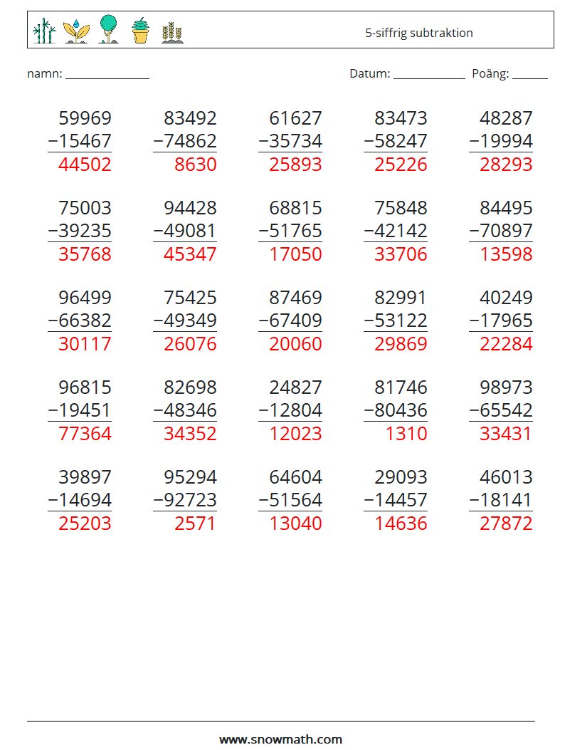 (25) 5-siffrig subtraktion Matematiska arbetsblad 5 Fråga, svar