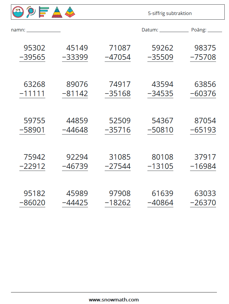 (25) 5-siffrig subtraktion Matematiska arbetsblad 6