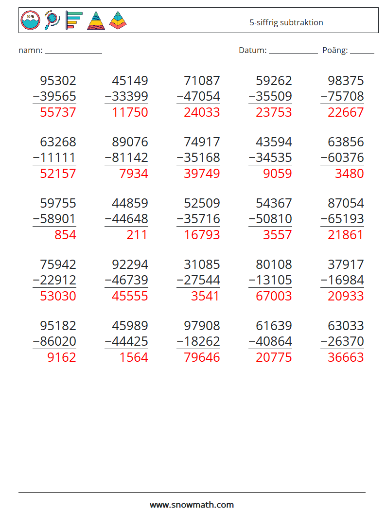 (25) 5-siffrig subtraktion Matematiska arbetsblad 6 Fråga, svar