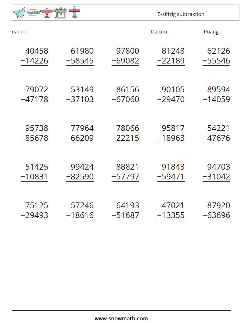 (25) 5-siffrig subtraktion Matematiska arbetsblad 7