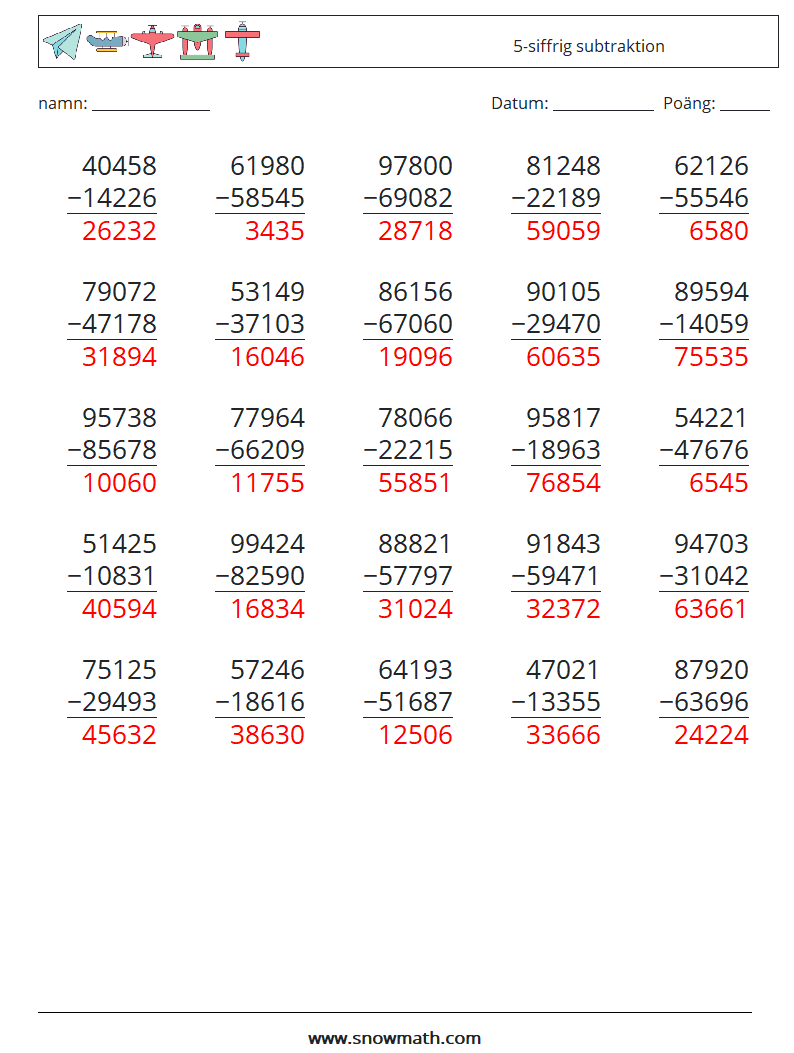 (25) 5-siffrig subtraktion Matematiska arbetsblad 7 Fråga, svar