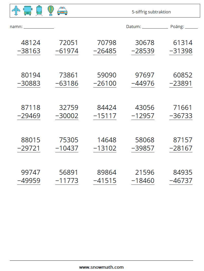 (25) 5-siffrig subtraktion Matematiska arbetsblad 8