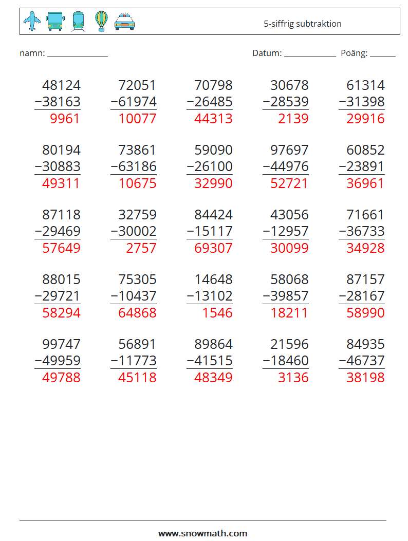 (25) 5-siffrig subtraktion Matematiska arbetsblad 8 Fråga, svar