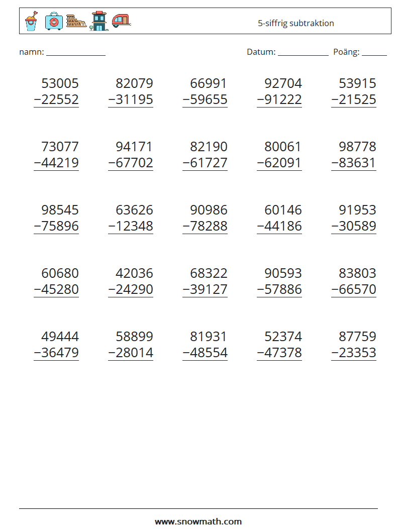 (25) 5-siffrig subtraktion Matematiska arbetsblad 9