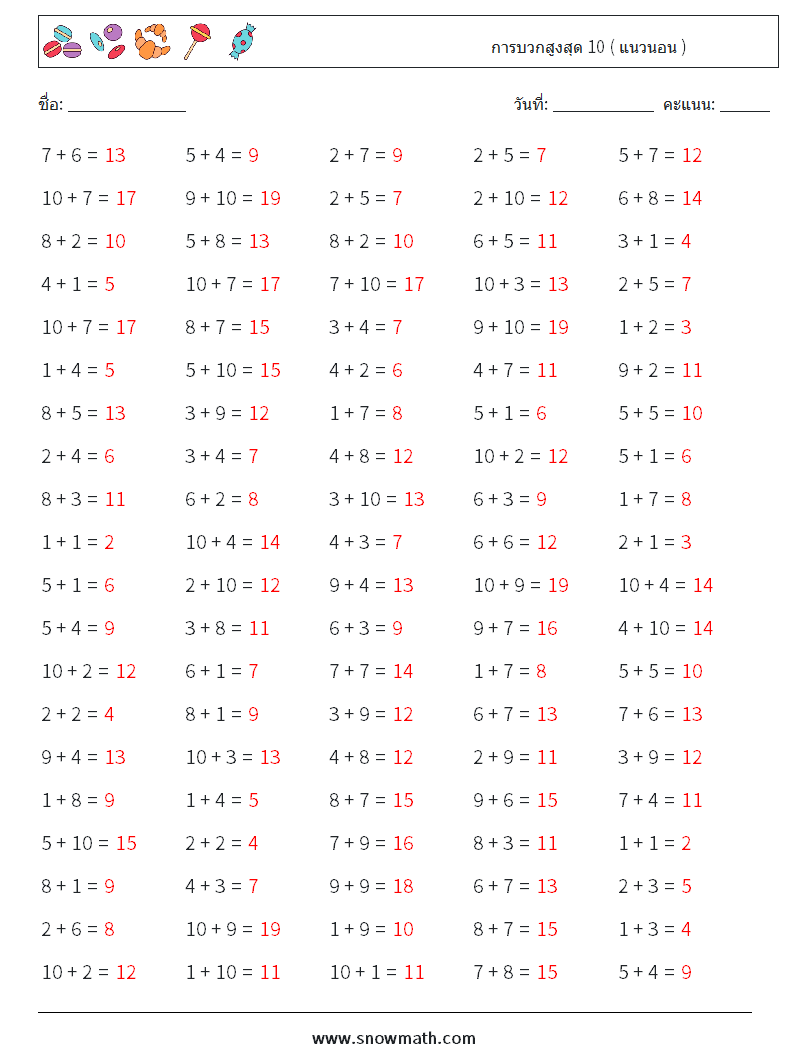 (100) การบวกสูงสุด 10 ( แนวนอน ) ใบงานคณิตศาสตร์ 1 คำถาม คำตอบ