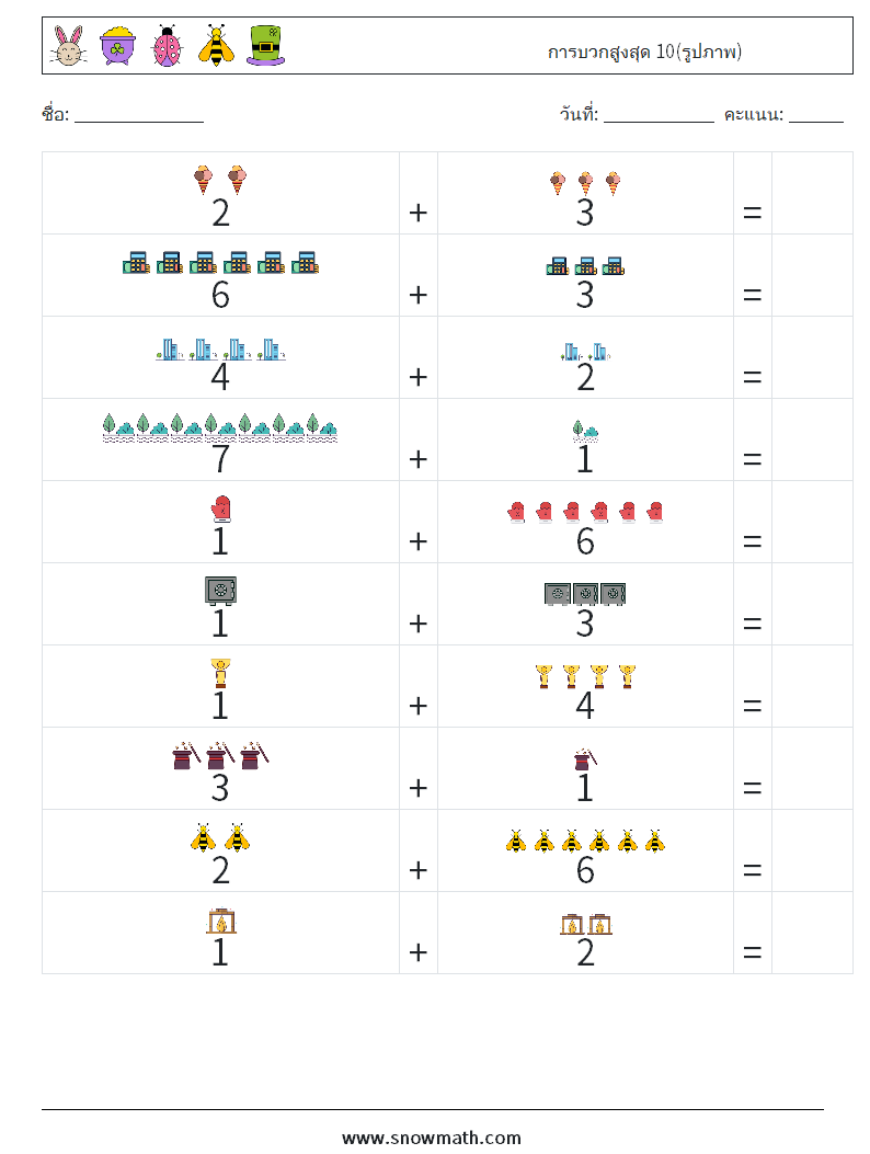 การบวกสูงสุด 10(รูปภาพ) ใบงานคณิตศาสตร์ 1