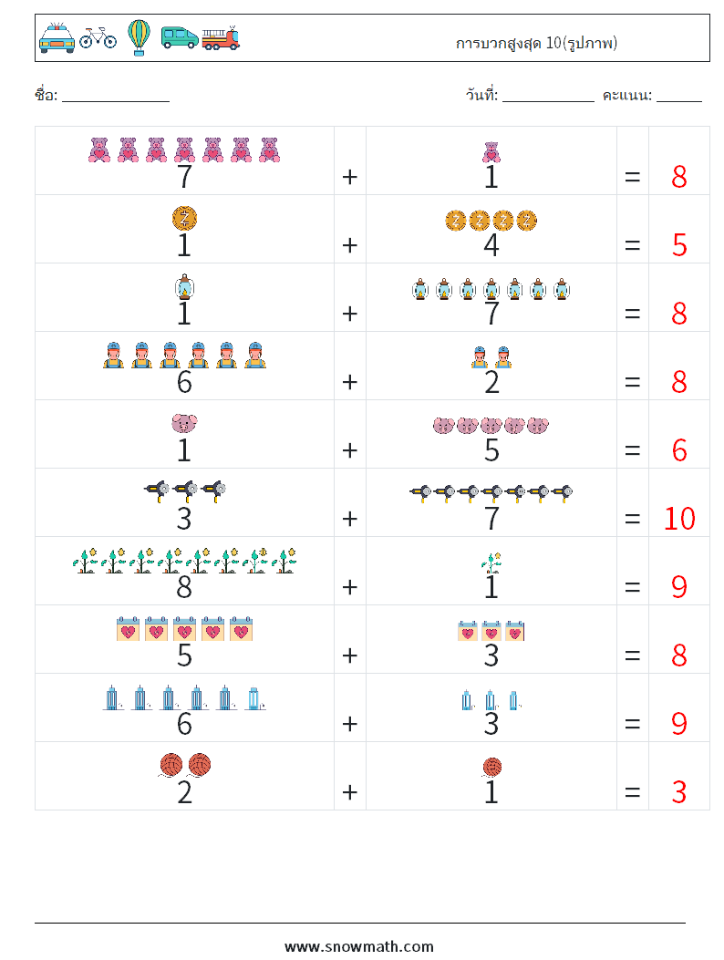 การบวกสูงสุด 10(รูปภาพ) ใบงานคณิตศาสตร์ 12 คำถาม คำตอบ