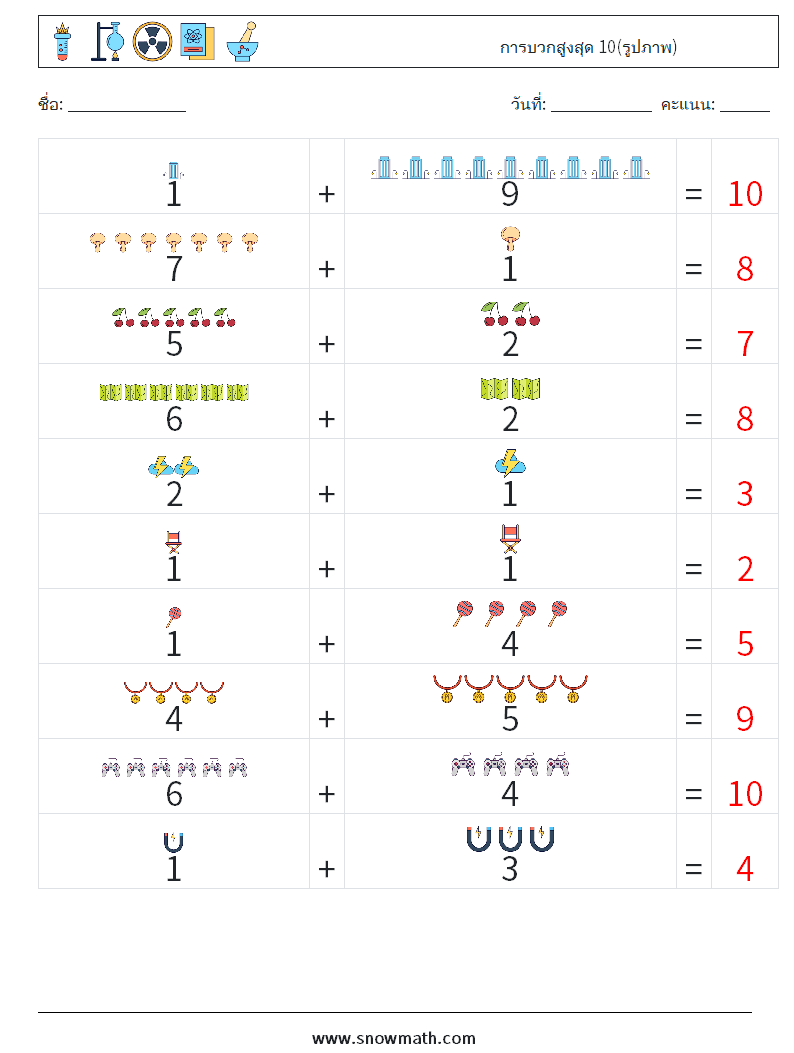 การบวกสูงสุด 10(รูปภาพ) ใบงานคณิตศาสตร์ 13 คำถาม คำตอบ