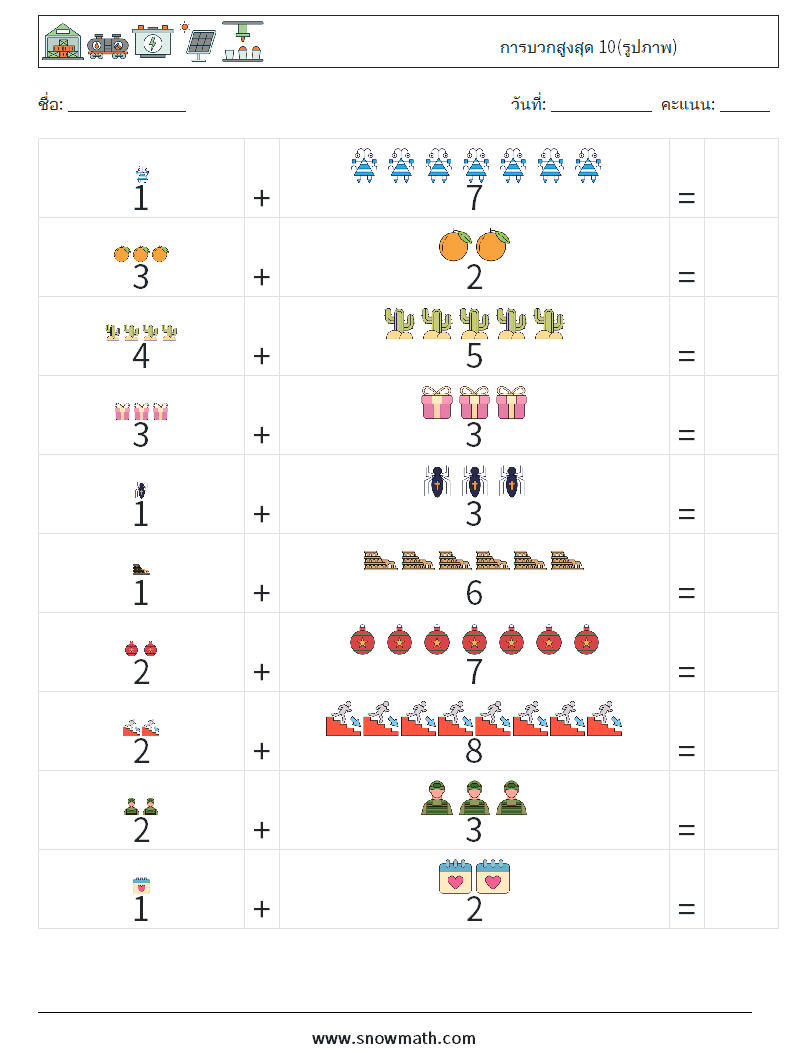 การบวกสูงสุด 10(รูปภาพ) ใบงานคณิตศาสตร์ 15