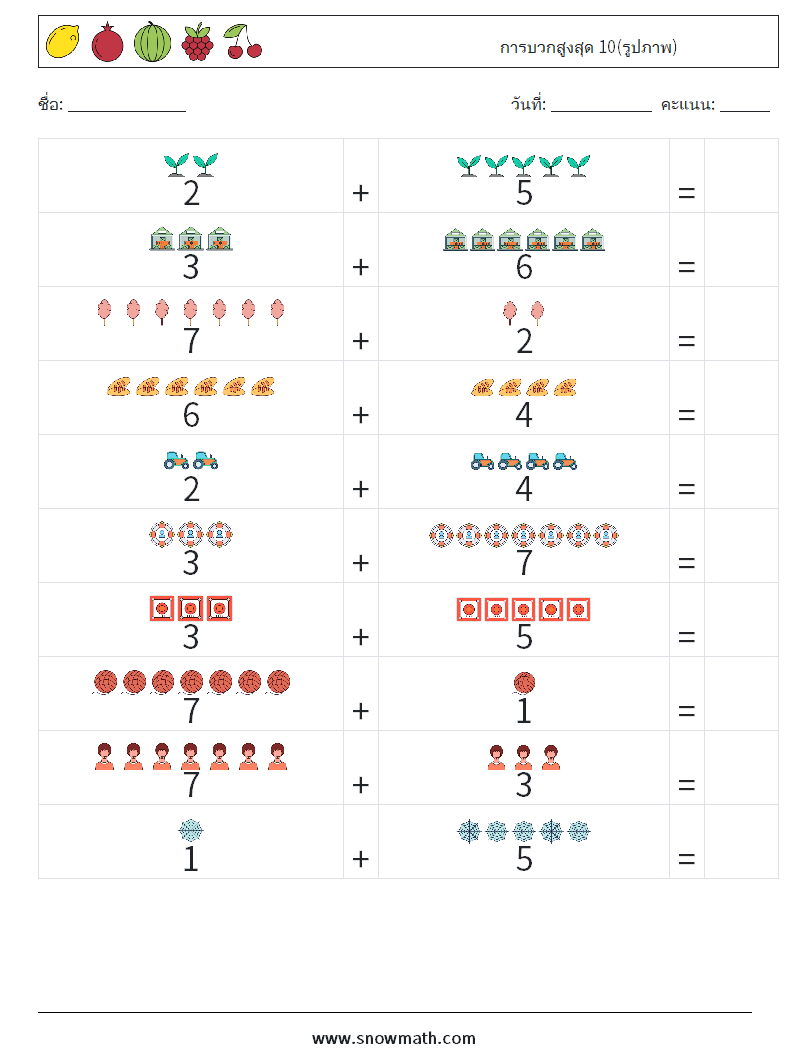 การบวกสูงสุด 10(รูปภาพ) ใบงานคณิตศาสตร์ 16
