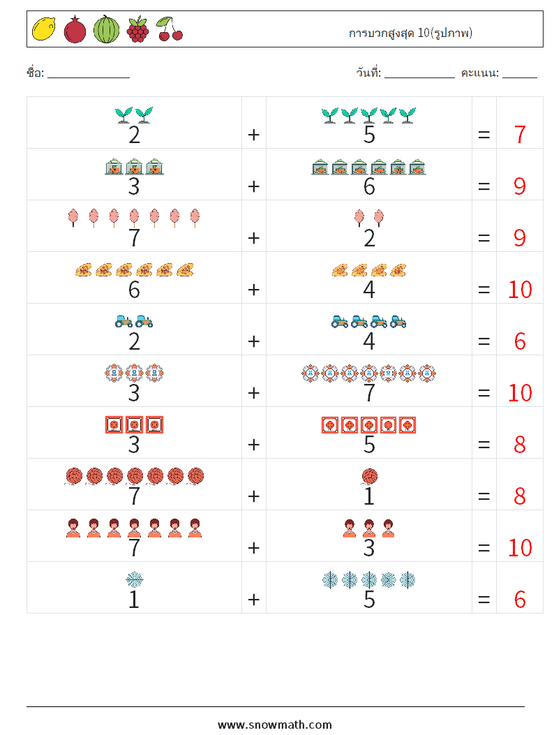 การบวกสูงสุด 10(รูปภาพ) ใบงานคณิตศาสตร์ 16 คำถาม คำตอบ