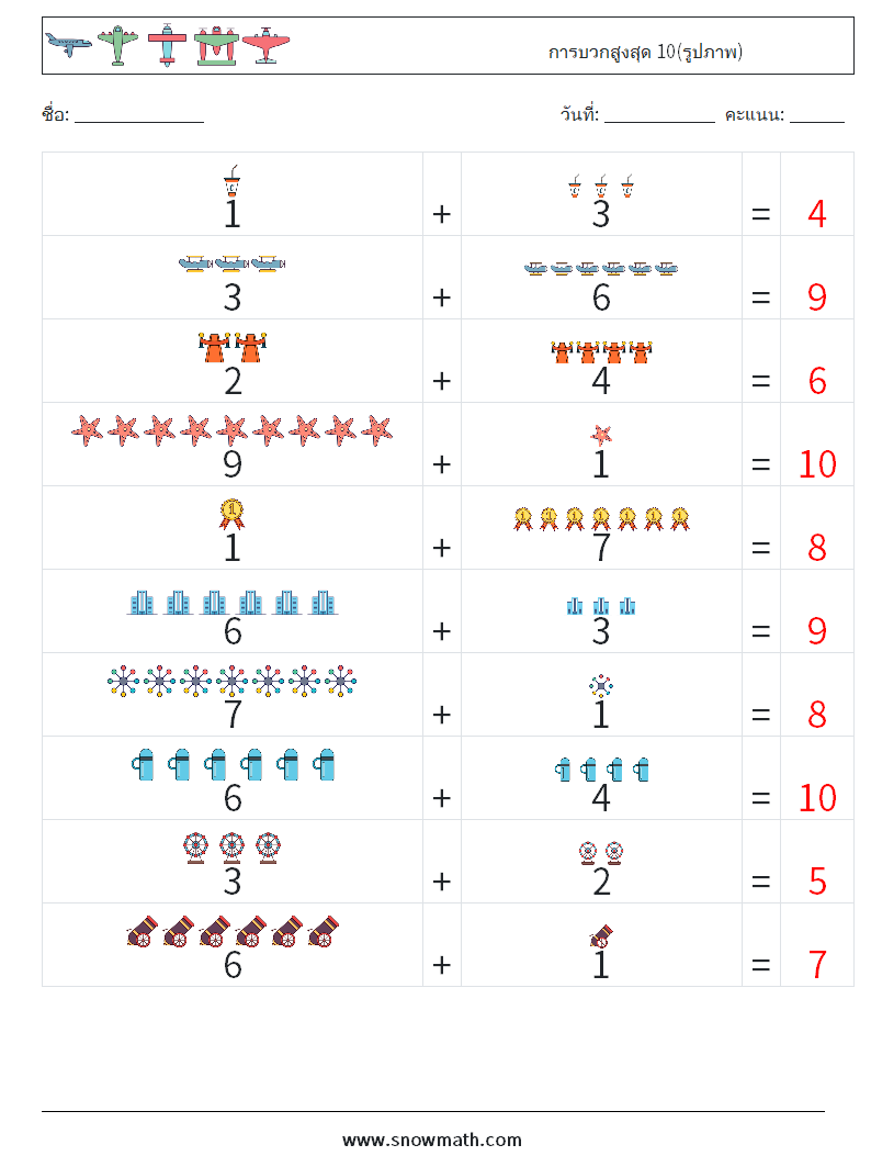 การบวกสูงสุด 10(รูปภาพ) ใบงานคณิตศาสตร์ 17 คำถาม คำตอบ