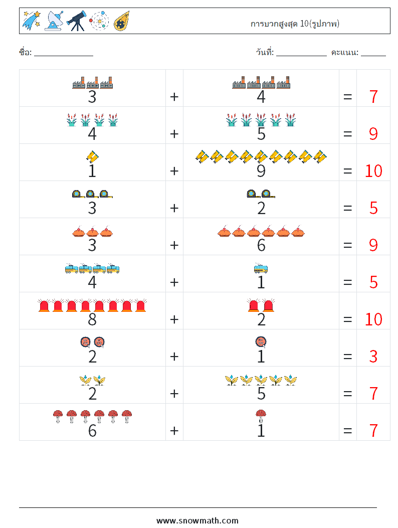 การบวกสูงสุด 10(รูปภาพ) ใบงานคณิตศาสตร์ 18 คำถาม คำตอบ