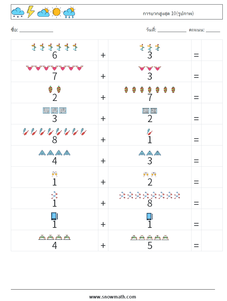การบวกสูงสุด 10(รูปภาพ) ใบงานคณิตศาสตร์ 2