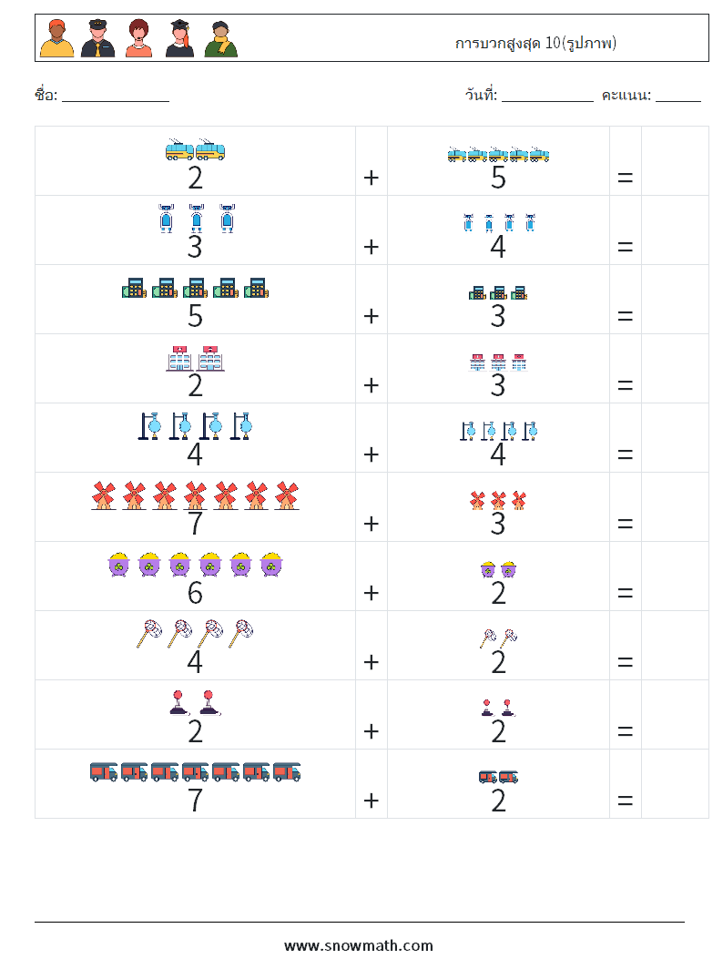 การบวกสูงสุด 10(รูปภาพ) ใบงานคณิตศาสตร์ 3