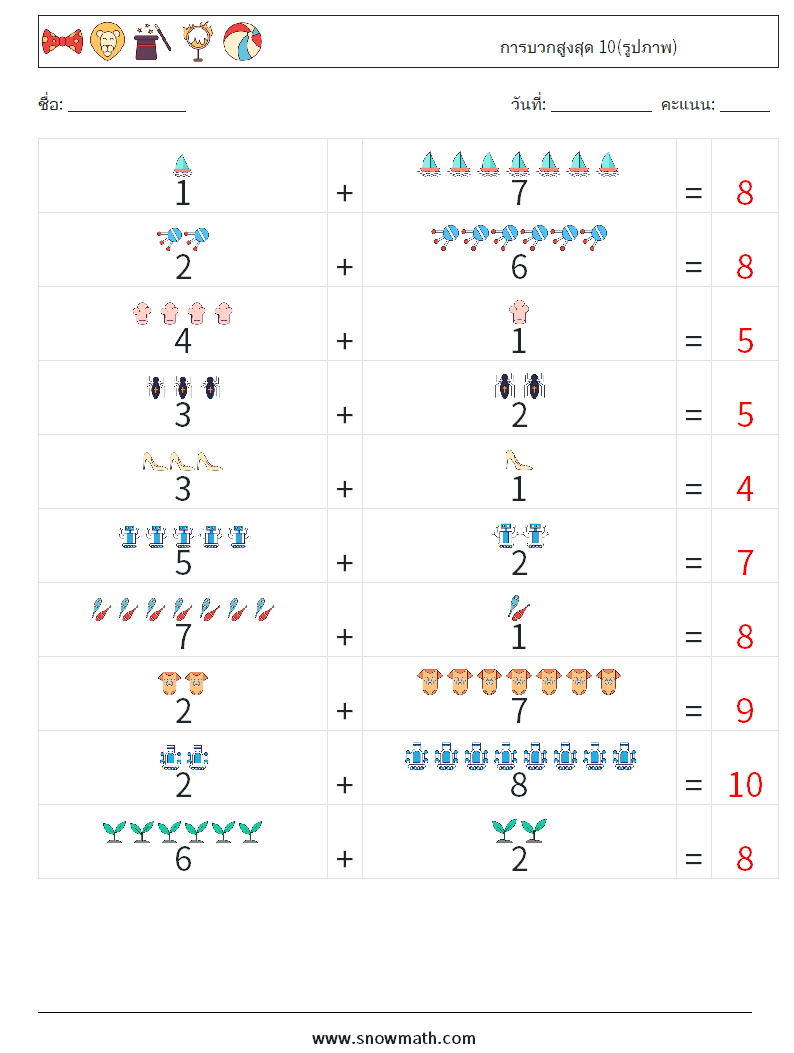 การบวกสูงสุด 10(รูปภาพ) ใบงานคณิตศาสตร์ 5 คำถาม คำตอบ